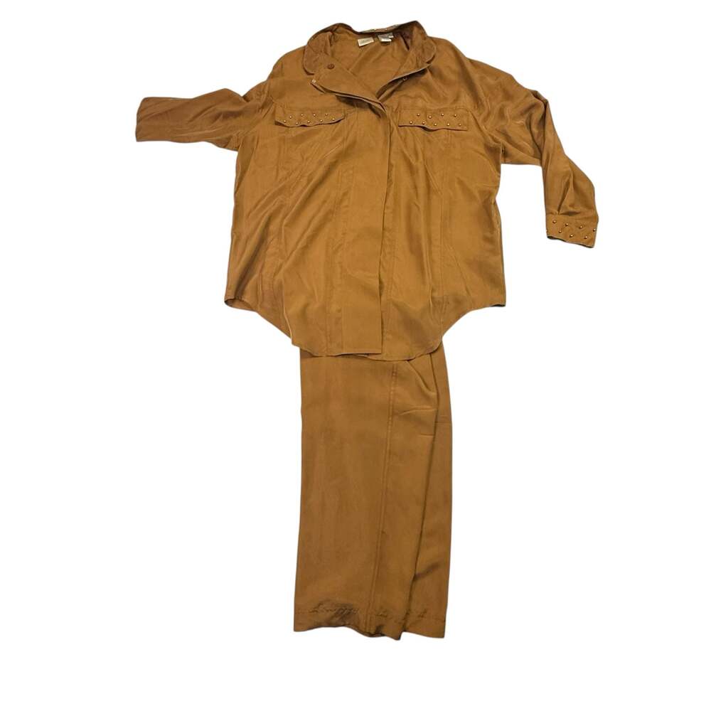 Apart 100% Silk 2-Piece Studded Shirt and Pants Set Tan Brown Size XL